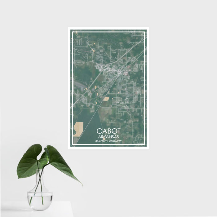 16x24 Cabot Arkansas Map Print Portrait Orientation in Afternoon Style With Tropical Plant Leaves in Water
