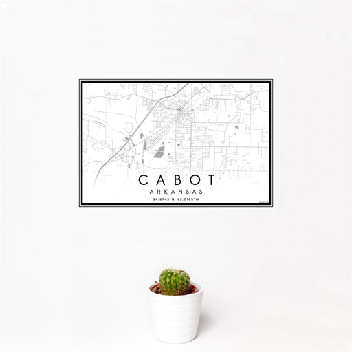 12x18 Cabot Arkansas Map Print Landscape Orientation in Classic Style With Small Cactus Plant in White Planter