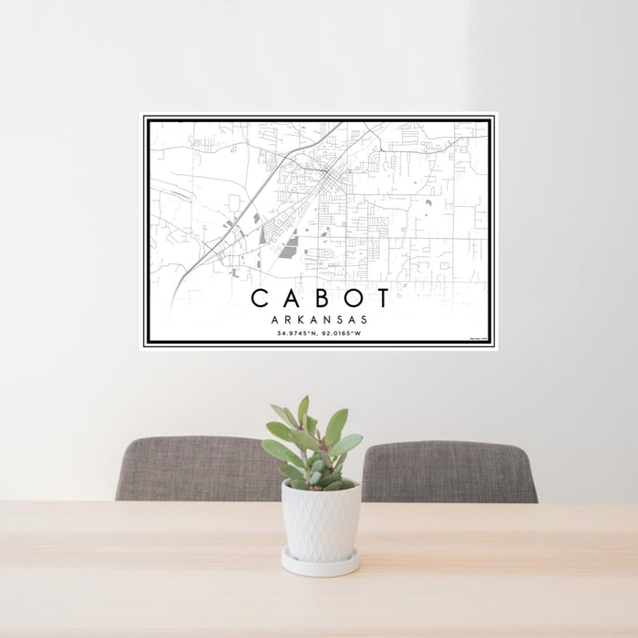 24x36 Cabot Arkansas Map Print Landscape Orientation in Classic Style Behind 2 Chairs Table and Potted Plant