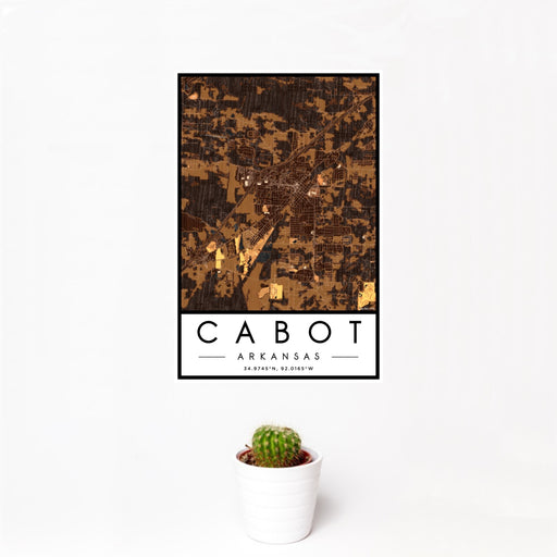 12x18 Cabot Arkansas Map Print Portrait Orientation in Ember Style With Small Cactus Plant in White Planter