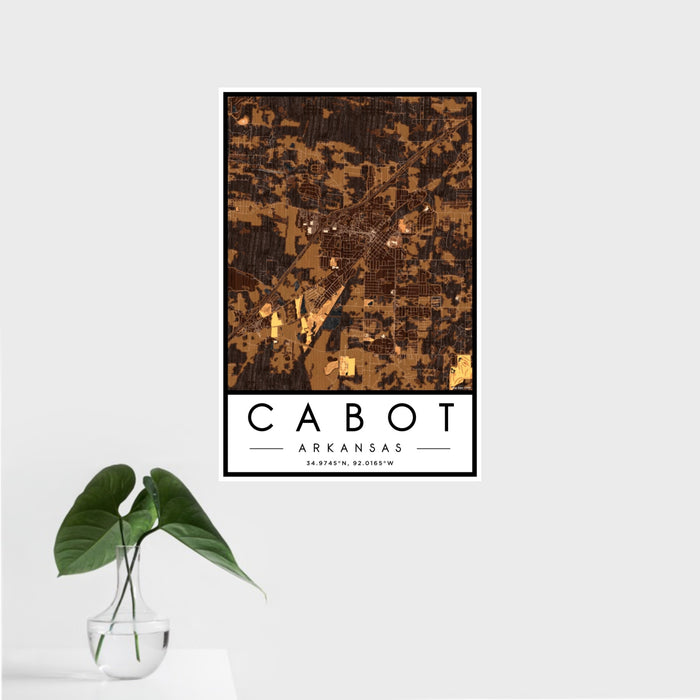 16x24 Cabot Arkansas Map Print Portrait Orientation in Ember Style With Tropical Plant Leaves in Water