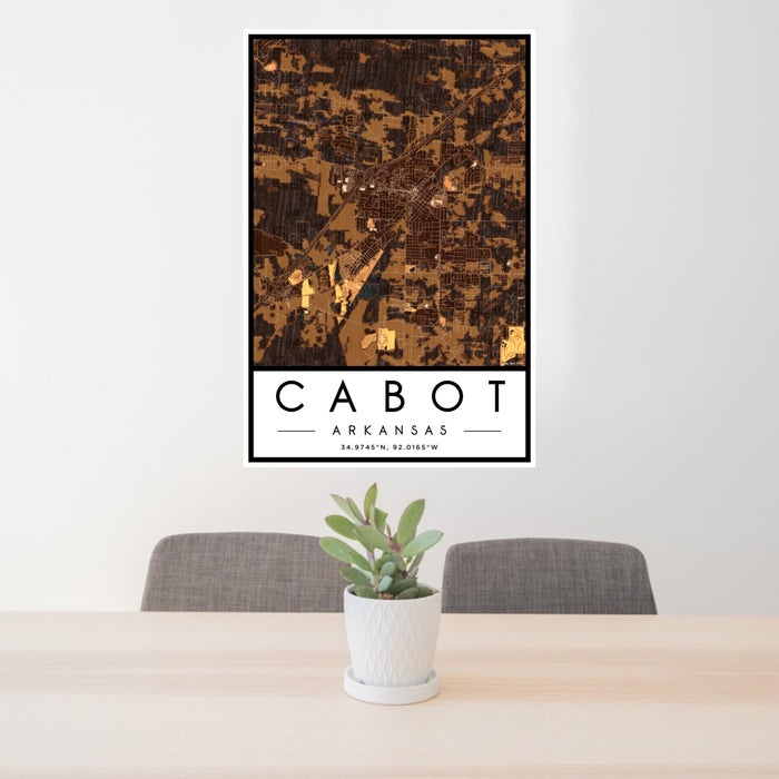 24x36 Cabot Arkansas Map Print Portrait Orientation in Ember Style Behind 2 Chairs Table and Potted Plant