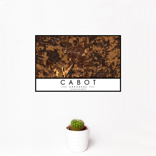 12x18 Cabot Arkansas Map Print Landscape Orientation in Ember Style With Small Cactus Plant in White Planter