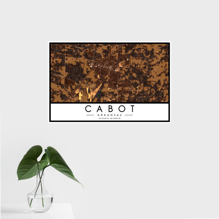 16x24 Cabot Arkansas Map Print Landscape Orientation in Ember Style With Tropical Plant Leaves in Water