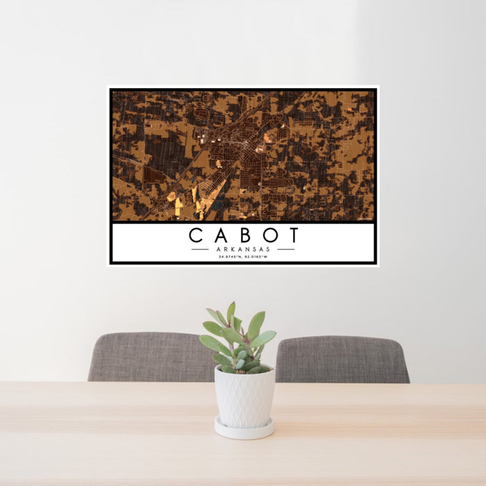 24x36 Cabot Arkansas Map Print Landscape Orientation in Ember Style Behind 2 Chairs Table and Potted Plant