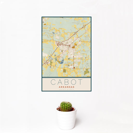 12x18 Cabot Arkansas Map Print Portrait Orientation in Woodblock Style With Small Cactus Plant in White Planter
