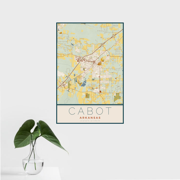16x24 Cabot Arkansas Map Print Portrait Orientation in Woodblock Style With Tropical Plant Leaves in Water