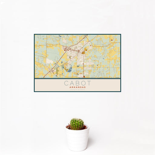 12x18 Cabot Arkansas Map Print Landscape Orientation in Woodblock Style With Small Cactus Plant in White Planter