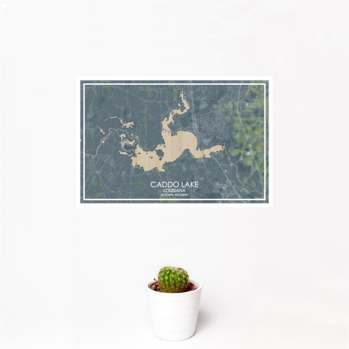 12x18 Caddo lake Louisiana Map Print Landscape Orientation in Afternoon Style With Small Cactus Plant in White Planter