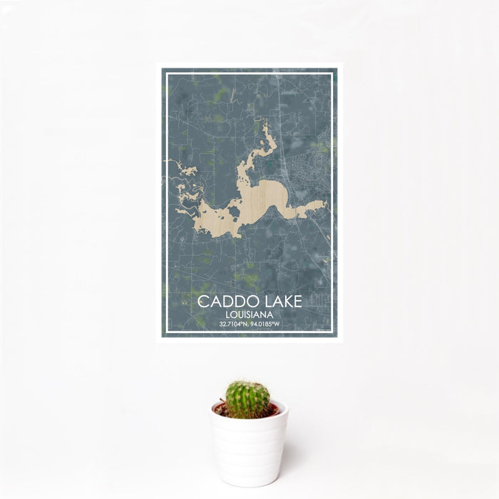 12x18 Caddo lake Louisiana Map Print Portrait Orientation in Afternoon Style With Small Cactus Plant in White Planter
