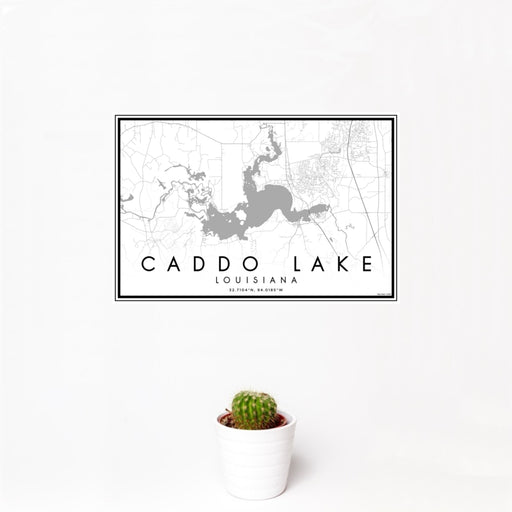 12x18 Caddo lake Louisiana Map Print Landscape Orientation in Classic Style With Small Cactus Plant in White Planter