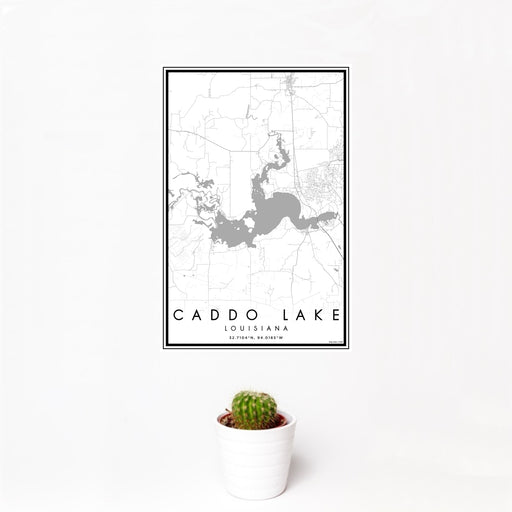 12x18 Caddo lake Louisiana Map Print Portrait Orientation in Classic Style With Small Cactus Plant in White Planter