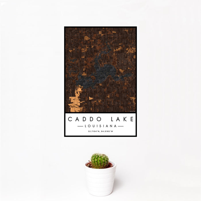 12x18 Caddo lake Louisiana Map Print Portrait Orientation in Ember Style With Small Cactus Plant in White Planter