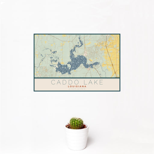 12x18 Caddo lake Louisiana Map Print Landscape Orientation in Woodblock Style With Small Cactus Plant in White Planter