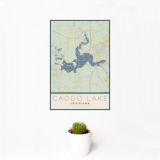 12x18 Caddo lake Louisiana Map Print Portrait Orientation in Woodblock Style With Small Cactus Plant in White Planter