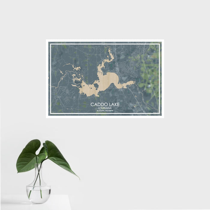 16x24 Caddo lake Louisiana Map Print Landscape Orientation in Afternoon Style With Tropical Plant Leaves in Water