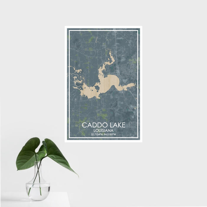 16x24 Caddo lake Louisiana Map Print Portrait Orientation in Afternoon Style With Tropical Plant Leaves in Water