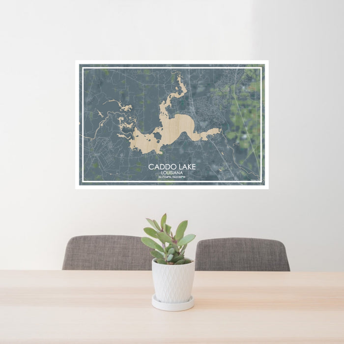 24x36 Caddo lake Louisiana Map Print Lanscape Orientation in Afternoon Style Behind 2 Chairs Table and Potted Plant