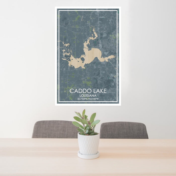 24x36 Caddo lake Louisiana Map Print Portrait Orientation in Afternoon Style Behind 2 Chairs Table and Potted Plant