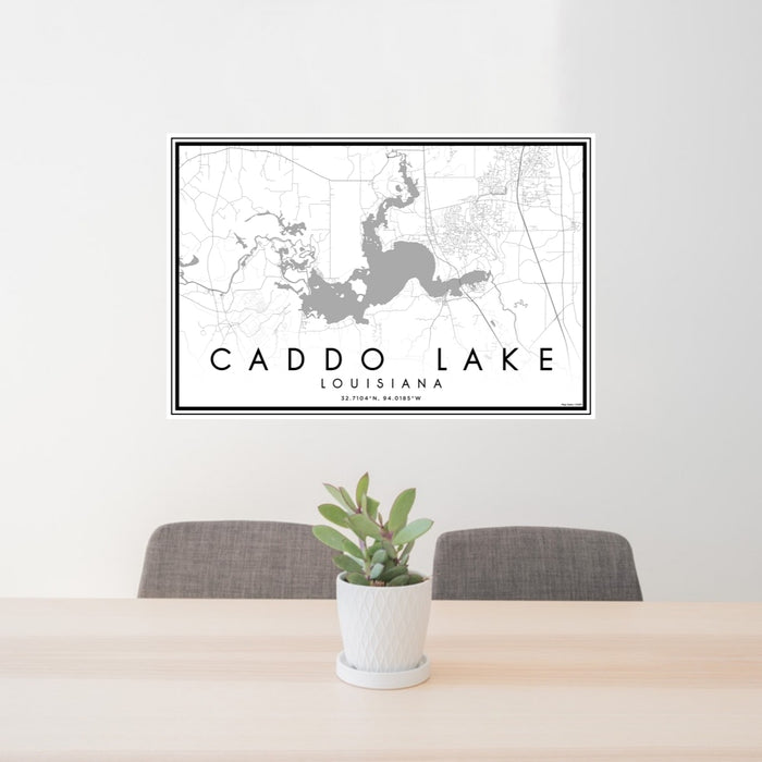 24x36 Caddo lake Louisiana Map Print Lanscape Orientation in Classic Style Behind 2 Chairs Table and Potted Plant