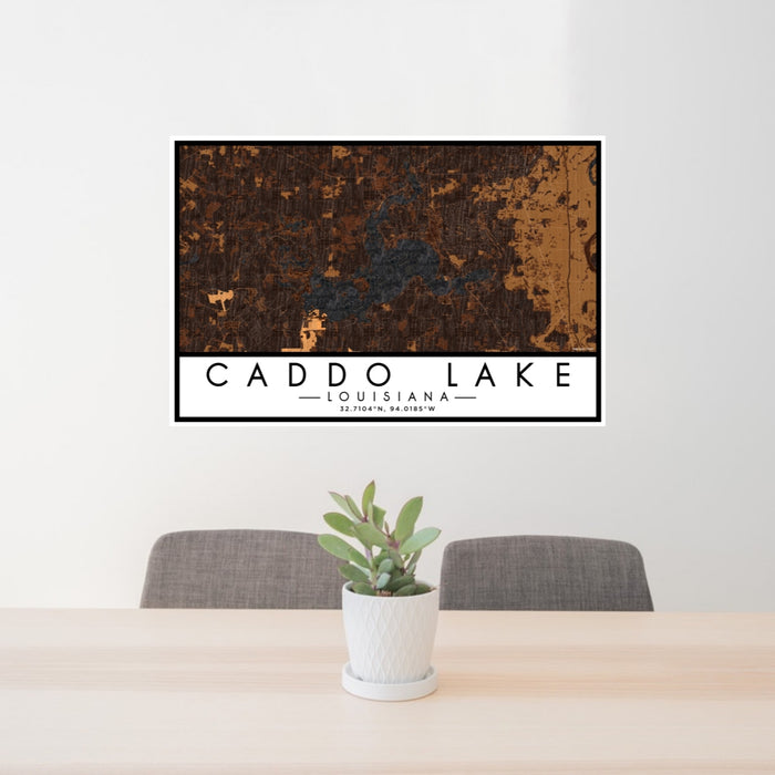 24x36 Caddo lake Louisiana Map Print Lanscape Orientation in Ember Style Behind 2 Chairs Table and Potted Plant
