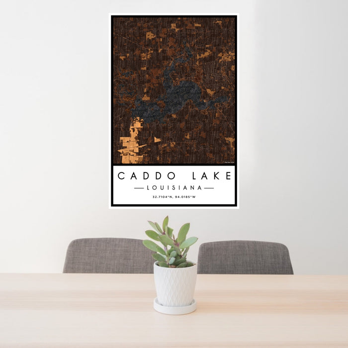 24x36 Caddo lake Louisiana Map Print Portrait Orientation in Ember Style Behind 2 Chairs Table and Potted Plant