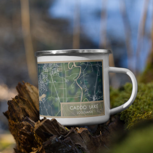 Right View Custom Caddo lake Louisiana Map Enamel Mug in Afternoon on Grass With Trees in Background