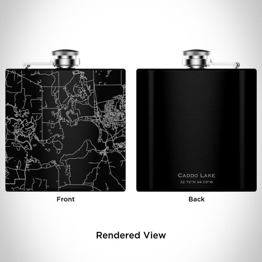 Rendered View of Caddo Lake Louisiana Map Engraving on 6oz Stainless Steel Flask in Black