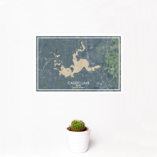 12x18 Caddo lake Texas Map Print Landscape Orientation in Afternoon Style With Small Cactus Plant in White Planter