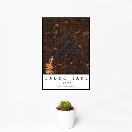 12x18 Caddo lake Texas Map Print Portrait Orientation in Ember Style With Small Cactus Plant in White Planter