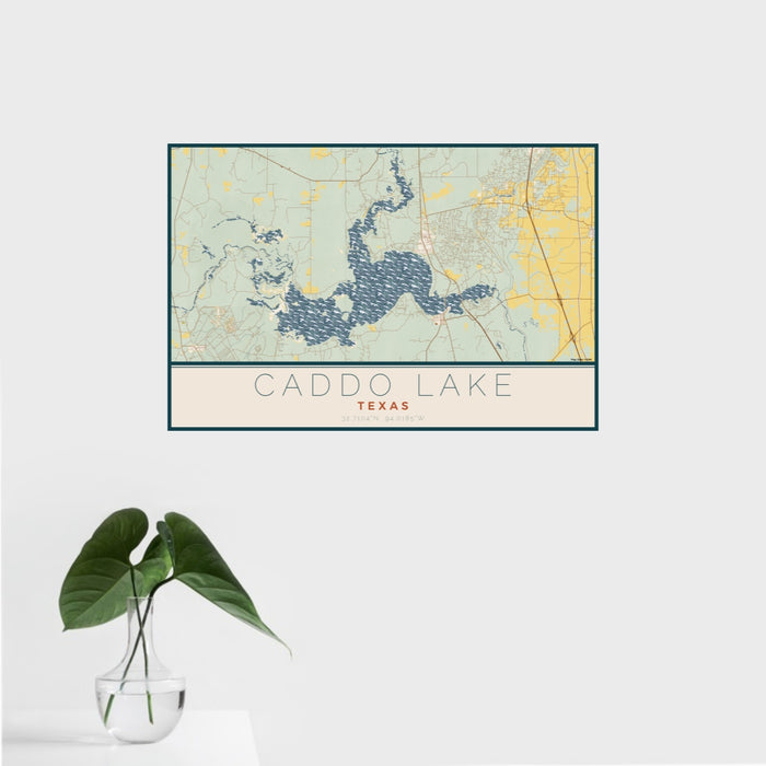 16x24 Caddo lake Texas Map Print Landscape Orientation in Woodblock Style With Tropical Plant Leaves in Water