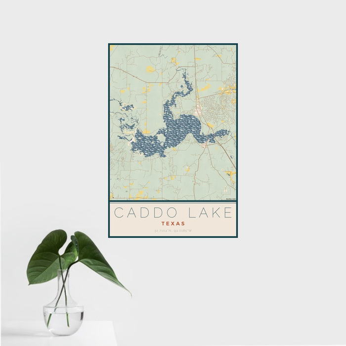16x24 Caddo lake Texas Map Print Portrait Orientation in Woodblock Style With Tropical Plant Leaves in Water