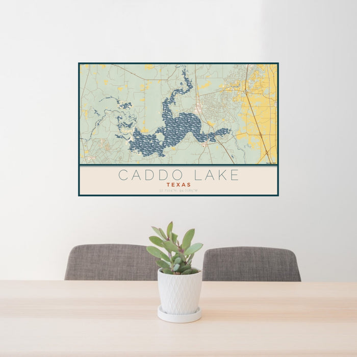 24x36 Caddo lake Texas Map Print Lanscape Orientation in Woodblock Style Behind 2 Chairs Table and Potted Plant