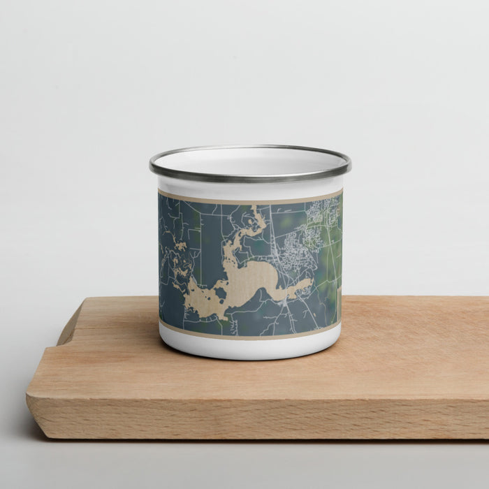 Front View Custom Caddo lake Texas Map Enamel Mug in Afternoon on Cutting Board