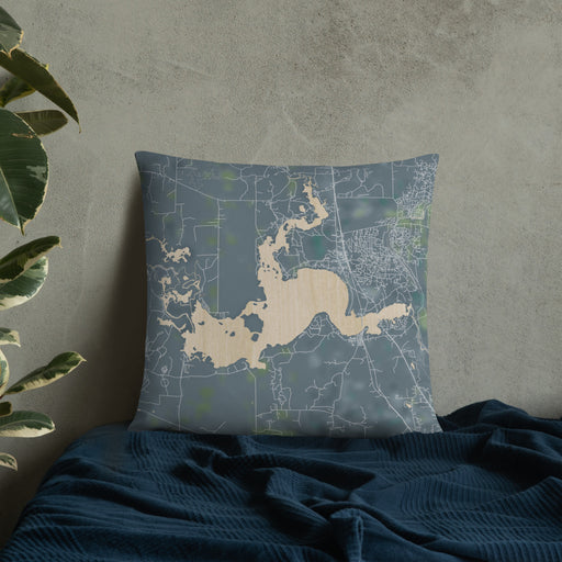 Custom Caddo lake Texas Map Throw Pillow in Afternoon on Bedding Against Wall