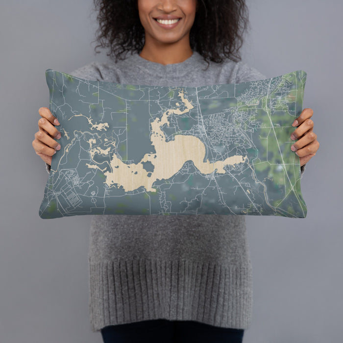 Person holding 20x12 Custom Caddo lake Texas Map Throw Pillow in Afternoon