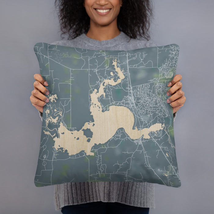 Person holding 18x18 Custom Caddo lake Texas Map Throw Pillow in Afternoon