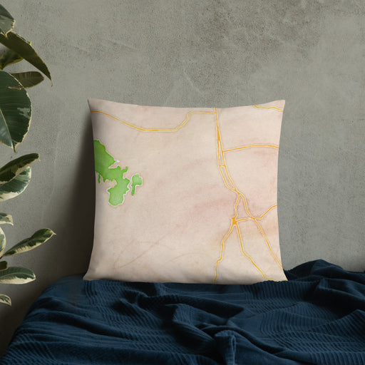 Custom Caddo lake Texas Map Throw Pillow in Watercolor on Bedding Against Wall