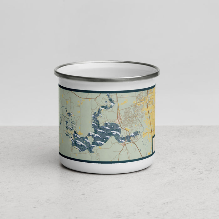 Front View Custom Caddo lake Texas Map Enamel Mug in Woodblock