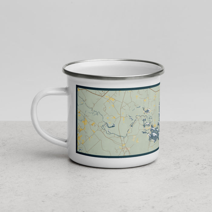Left View Custom Caddo lake Texas Map Enamel Mug in Woodblock