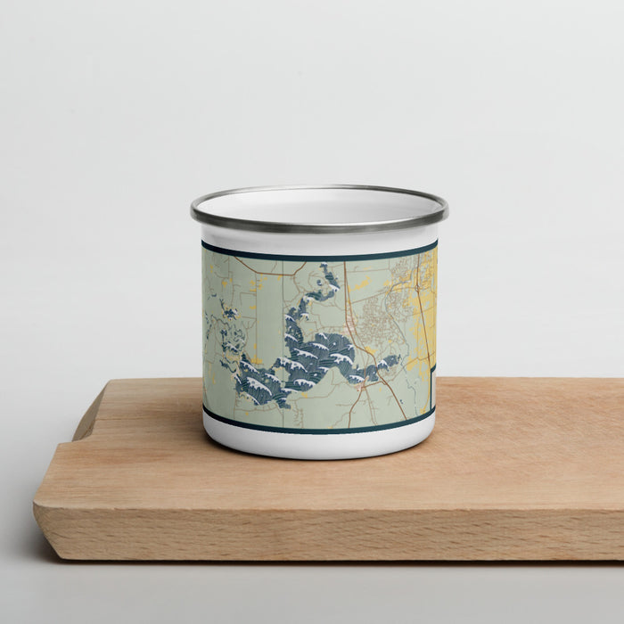 Front View Custom Caddo lake Texas Map Enamel Mug in Woodblock on Cutting Board