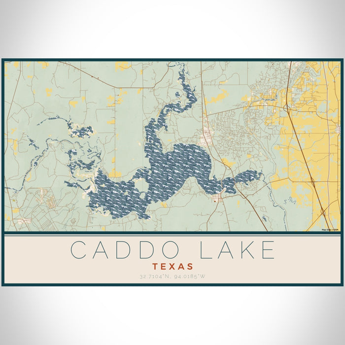 Caddo lake Texas Map Print Landscape Orientation in Woodblock Style With Shaded Background