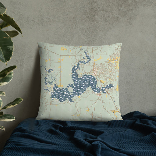 Custom Caddo lake Texas Map Throw Pillow in Woodblock on Bedding Against Wall