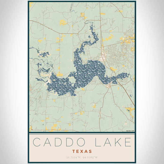 Caddo lake Texas Map Print Portrait Orientation in Woodblock Style With Shaded Background