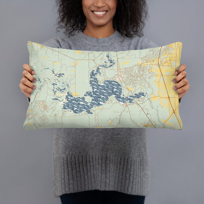 Person holding 20x12 Custom Caddo lake Texas Map Throw Pillow in Woodblock