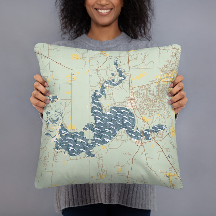 Person holding 18x18 Custom Caddo lake Texas Map Throw Pillow in Woodblock