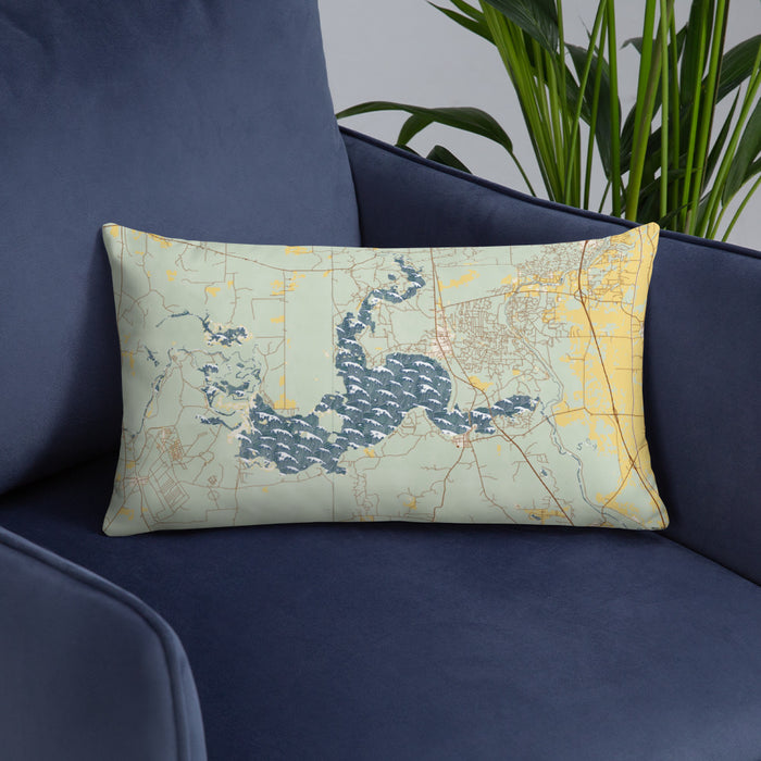 Custom Caddo lake Texas Map Throw Pillow in Woodblock on Blue Colored Chair
