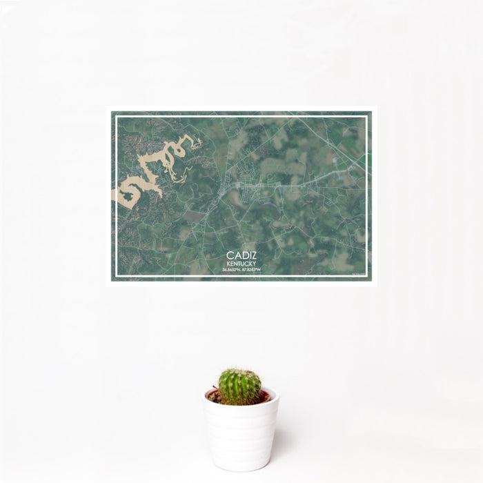 12x18 Cadiz Kentucky Map Print Landscape Orientation in Afternoon Style With Small Cactus Plant in White Planter