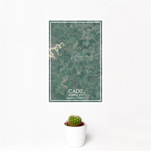 12x18 Cadiz Kentucky Map Print Portrait Orientation in Afternoon Style With Small Cactus Plant in White Planter