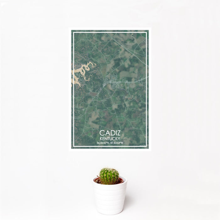 12x18 Cadiz Kentucky Map Print Portrait Orientation in Afternoon Style With Small Cactus Plant in White Planter